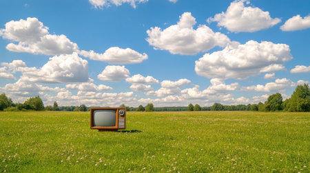 A unique vintage television set stands alone in a lush green field under a bright blue sky filled with fluffy clouds, evoking nostalgia and peace.の素材