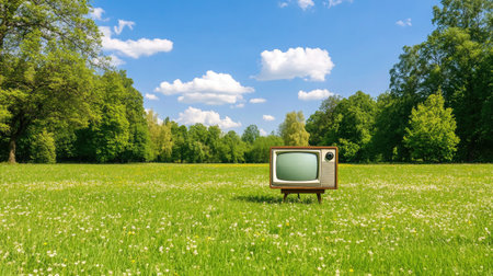 A vintage television set stands alone in a lush green field, creating a striking contrast with its retro design against a bright, sunny sky.の素材