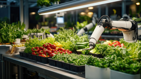 A modern robotic arm skillfully harvests fresh vegetables in a vibrant greenhouse filled with lush greenery, showcasing innovation in agricultural technology and sustainability.の素材