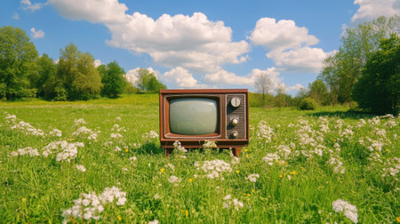 A vintage television set stands alone in a vibrant green field, surrounded by white flowers under a bright blue sky. The scene evokes nostalgia and peace.の素材