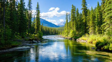 A picturesque view of a serene river flowing through a vibrant forest under a bright blue sky. This beautiful landscape captures the essence of nature's tranquility and allure.の素材