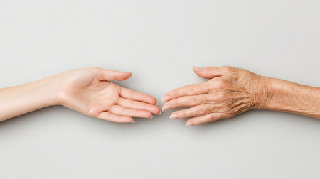 This image showcases two hands from different generations reaching out to each other, symbolizing connection and unity across age.の素材