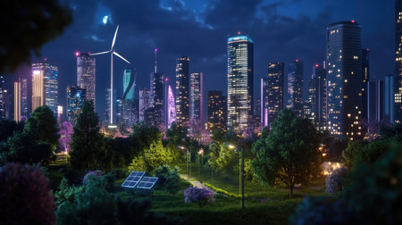 A captivating urban nightscape showcasing modern city buildings, lush parks, and renewable energy sources. Experience the harmony of nature and technology.の素材