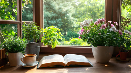 Enjoy a tranquil reading nook featuring a warm cup of coffee, an open book, and vibrant plants by a sunlit window, perfect for relaxation and reflection.の素材