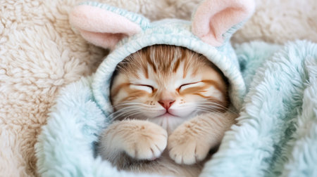 A charming kitten wearing bunny ears peacefully sleeps in a soft blanket. This adorable scene captures the essence of comfort and joy, perfect for pet lovers.の素材
