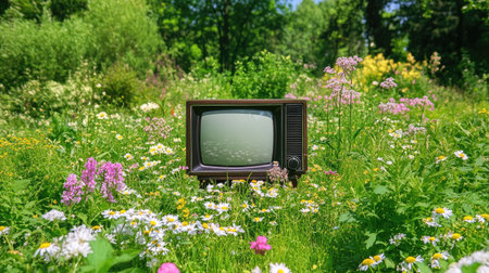 A vintage television set sits amidst a vibrant array of wildflowers in a lush green field, capturing the contrast between technology and nature.の素材