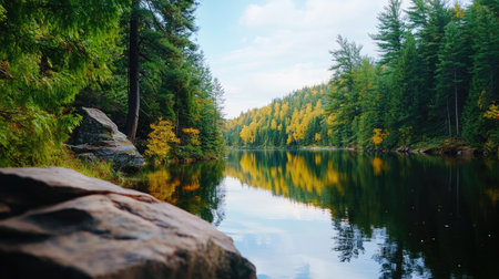 A serene lake scene showcases vibrant autumn foliage reflecting on calm water. Towering trees surround the tranquil setting, inviting exploration and relaxation.の素材