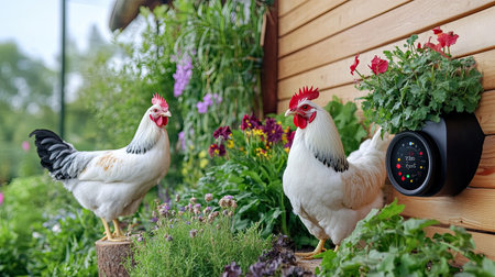 Two vibrant chickens stand in a lush garden adorned with blooming flowers, showcasing a serene outdoor atmosphere ideal for nature lovers and gardening enthusiasts.の素材