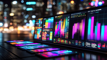 Vibrant digital screens display colorful data visualizations and graphs set against a shimmering urban backdrop, highlighting the fusion of technology and finance.の素材