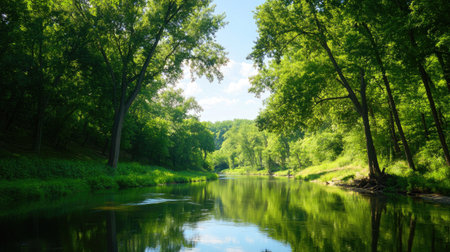 A serene river flows gently through a lush green landscape, framed by majestic trees under a brilliant blue sky. Perfect for nature enthusiasts.の素材
