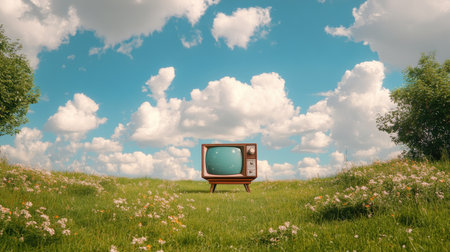 A nostalgic vintage television set stands alone in a lush green meadow under a vibrant blue sky with fluffy clouds, evoking feelings of serenity and creativity.の素材