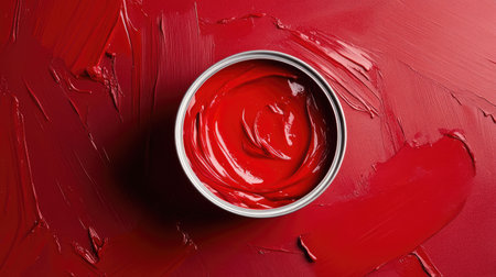 Close-up view of an open tin of bright red paint, showcasing smooth texture on a rich red background with brush strokes, perfect for artistic and creative projects.の素材