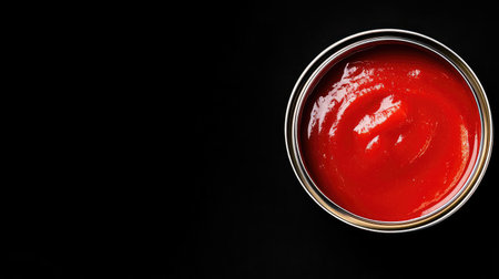 A close-up view of a rich red tomato sauce in an open can on a black background. Perfect for culinary projects, recipes, and food photography.の素材