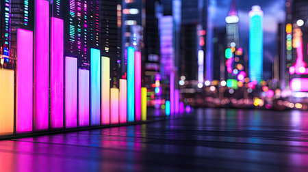 This captivating image showcases a vibrant cityscape at night adorned with neon colors and digital bar graphs, perfect for themes of technology and growth.の素材