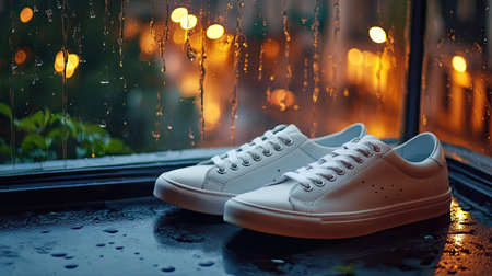 A pair of white sneakers rests on a window sill, surrounded by raindrops and soft city lights in the evening, creating a serene and stylish atmosphere.の素材