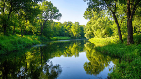 A tranquil river flows gently through lush greenery, reflecting the vibrant trees and blue sky. This serene landscape captures the essence of nature's beauty.の素材