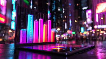 A stunning laptop displays vibrant graphs in a lively urban environment, showcasing data analysis against the backdrop of colorful city lights and nightlife.の素材