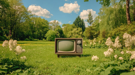 A vintage television set stands alone in a vibrant green field, surrounded by blooming flowers and a picturesque blue sky with fluffy clouds.の素材