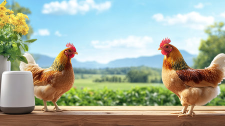 This charming image depicts two chickens on a rustic wooden table, set against a serene landscape. The vibrant greenery and flowers enhance the tranquil atmosphere, perfect for farm life themes.の素材