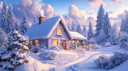 A charming winter cabin nestled in a snowy landscape, surrounded by tall pine trees. Soft evening light glows from the windows, creating a cozy atmosphere.の素材