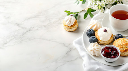 Indulge in freshly baked scones served with cream, blueberries, and a cup of tea. This elegant setup on a marble table creates a warm, inviting ambiance perfect for casual gatherings.の素材