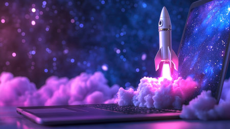 A stunning illustration of a rocket launching from a laptop screen amidst colorful clouds, set against a cosmic background, symbolizing innovation and exploration.の素材