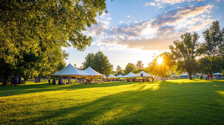 A vibrant outdoor event features white tents set under a colorful sunset, surrounded by lush green grass and tall trees, creating a peaceful atmosphere.の素材