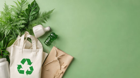 Discover an eco-friendly lifestyle with reusable bags, recycling symbols, and vibrant green plants, emphasizing sustainability and environmental consciousness.の素材