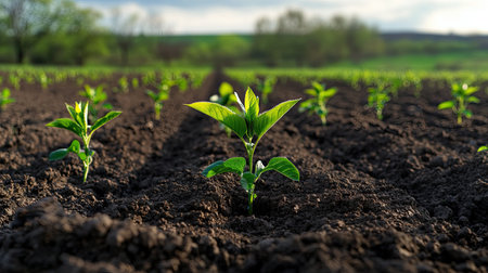 Bright green seedlings emerge from dark soil under a clear sky, symbolizing growth and new beginnings in nature's vibrant ecosystem. Ideal for showcasing agriculture.の素材