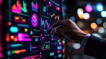 A professional hand using a pen to interact with a vibrant data visualization on a modern screen. The colorful graphs and charts signify technology and analysis in business contexts.の素材
