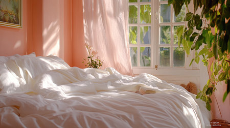 A tranquil bedroom scene featuring soft white bedding and gentle sunlight streaming through a window, creating a warm and inviting atmosphere with lush greenery nearby.の素材