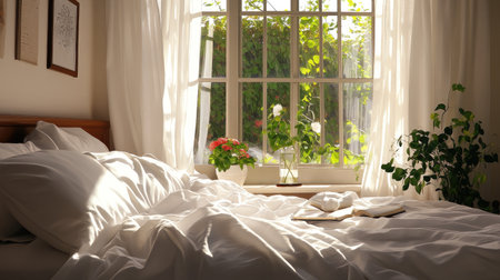 Bright and airy bedroom scene showcasing soft bedding and gentle morning light filtering through the window. Green plants and flowers add a touch of nature.の素材