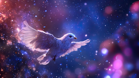 A stunning depiction of a bird soaring through a vibrant galaxy filled with stars and colorful lights, capturing a sense of freedom and fantasy in a cosmic setting.の素材