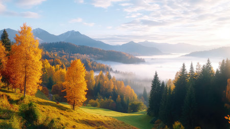 A breathtaking autumn landscape featuring colorful trees in vibrant shades of yellow and orange, misty mountains in the background, and a serene atmosphere inviting nature lovers to explore the beauty of the season.の素材