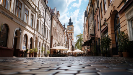 A picturesque view of a charming European street featuring historical buildings and a striking clock tower under a bright sky. Perfect for travel-themed projects.の素材