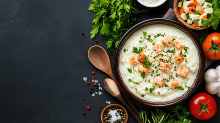 A delicious bowl of creamy mashed potatoes topped with fresh herbs and garnished with vibrant ingredients, perfect for a cozy meal or culinary inspiration.の素材