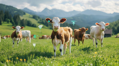This image showcases cows grazing in a picturesque pasture, emphasizing modern farming technology that enhances livestock management and sustainability.の素材