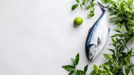 A beautifully arranged fresh fish alongside a ripe lime and vibrant green herbs, ideal for culinary presentations and healthy food photography.の素材