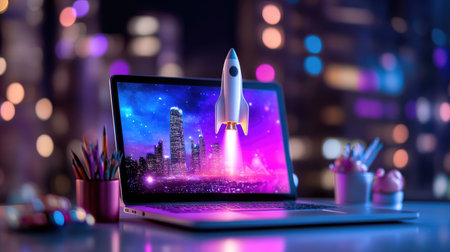 This vibrant digital artwork features a rocket launching from a laptop, symbolizing innovation and adventure in technology. Perfect for creative projects.の素材