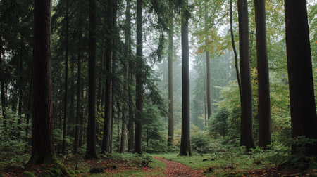 A serene forest pathway shrouded in mist, featuring towering trees and lush greenery. This tranquil scene invites exploration and connection with nature.の素材