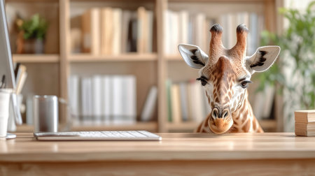 A curious giraffe peers over a desk in a modern workspace filled with books, creating a whimsical and humorous scene perfect for unique content.の素材