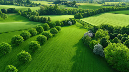 Breathtaking aerial view of vibrant green landscape featuring rolling hills and scattered trees, embodying the beauty of nature in a tranquil outdoor setting.の素材