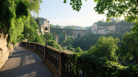 A picturesque pathway meanders through lush greenery, showcasing a stunning bridge against a bright, sunny sky. An ideal scene for nature lovers.の素材