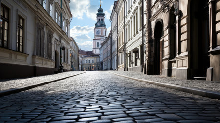 A serene cobblestone street showcasing historic architecture under a beautiful blue sky creates a tranquil atmosphere in the heart of the city.の素材