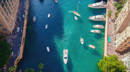 This aerial photo showcases a stunning marina filled with luxury yachts amidst clear blue waters. Ideal for travel, leisure, and tourism themes.の素材