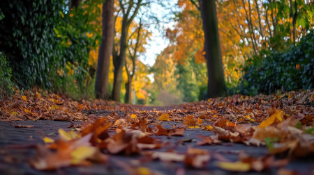 A serene view of a pathway covered with colorful autumn leaves, framed by trees adorned in vibrant fall colors, showcasing nature's beauty.の素材
