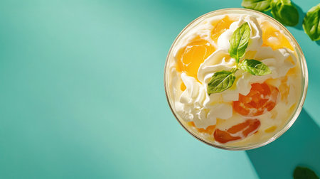 A vibrant dessert displayed in a glass, featuring a blend of fresh fruits, whipped cream, and a touch of basil, creating a refreshing and indulgent treat.の素材