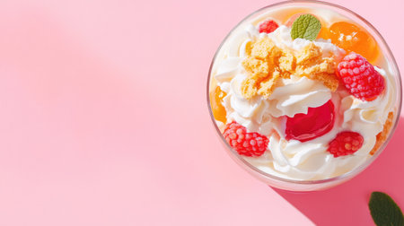 A vibrant dessert bowl filled with cream, raspberries, and colorful fruits, enhanced with mint leaves, perfect for summer gatherings and parties.の素材