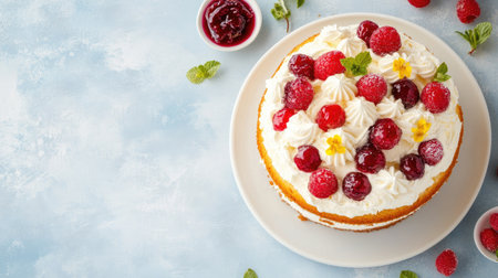 A deliciously crafted cake topped with fresh raspberries and cream, ideal for summer celebrations. The vibrant colors and inviting presentation make it perfect for any occasion.の素材