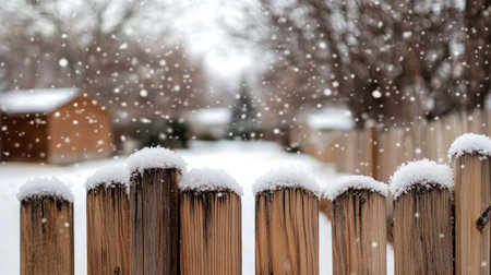A serene winter scene featuring a wooden fence adorned with snow. Flurries of snowflakes gently fall, creating a peaceful atmosphere in this rural landscape.の素材